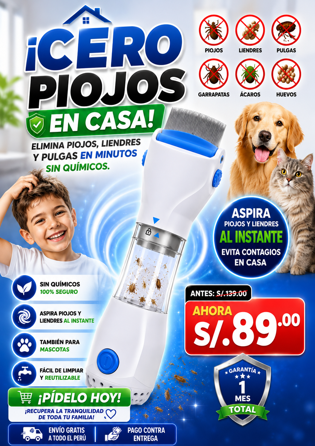 Peine Eléctrico Anti-Piojos y Pulgas (Uso Familiar + Mascotas)
