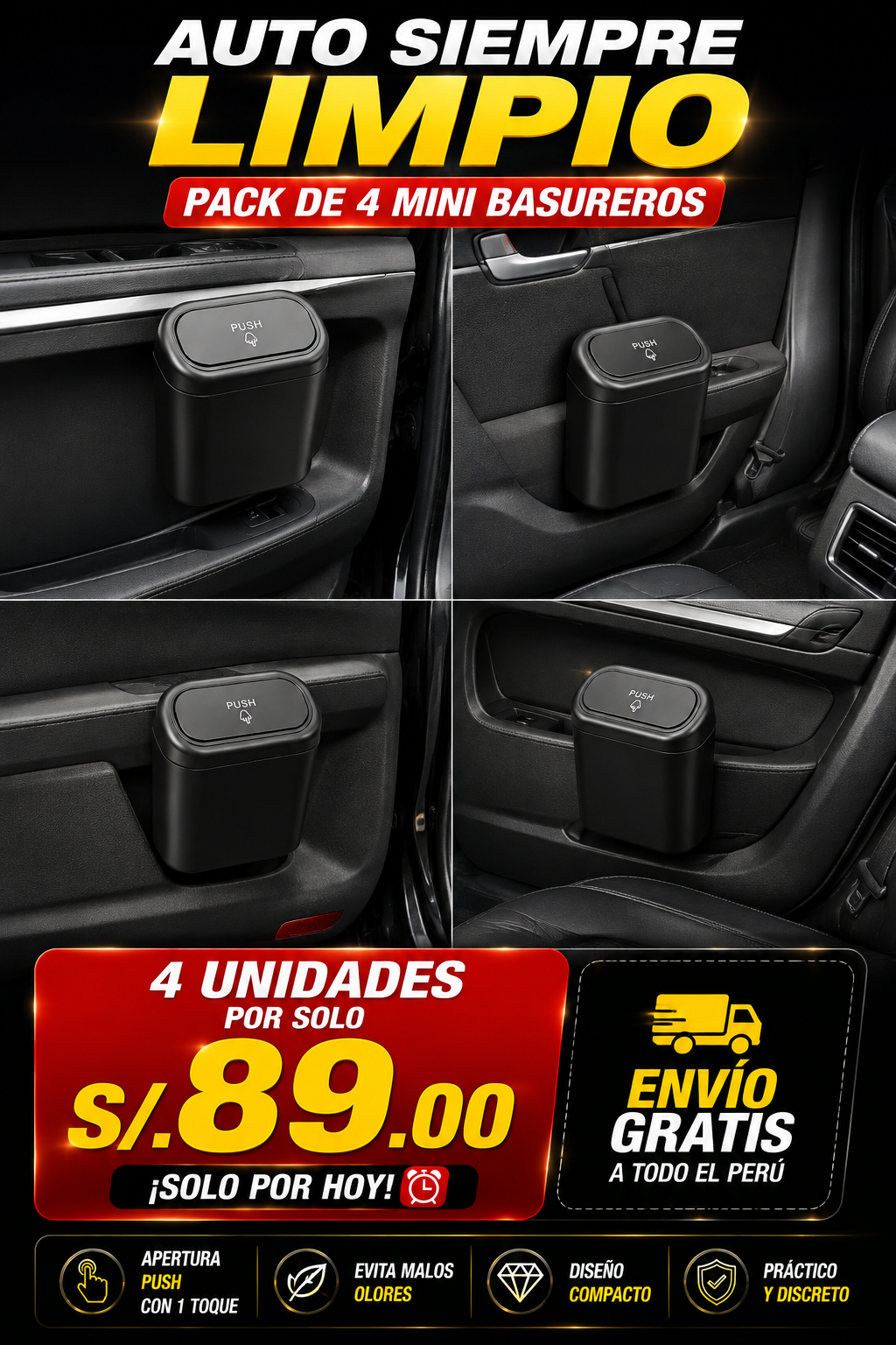 Mini Basurero para Auto con Tapa Push (OFERTA 4 UND X S/.89.00)